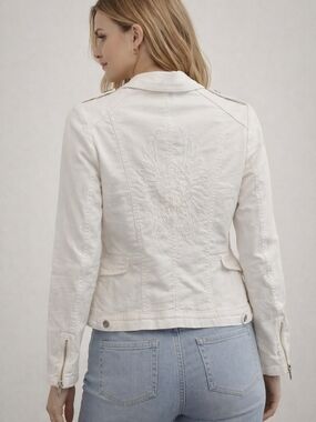 Crisca White Denim Jacket Cropped Studded Embroidered Back Trendy